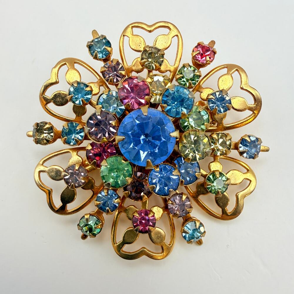 Vintage Pastel Rhinestone Flower Brooch Gold Tone Filigree Blue Pink Floral Pin